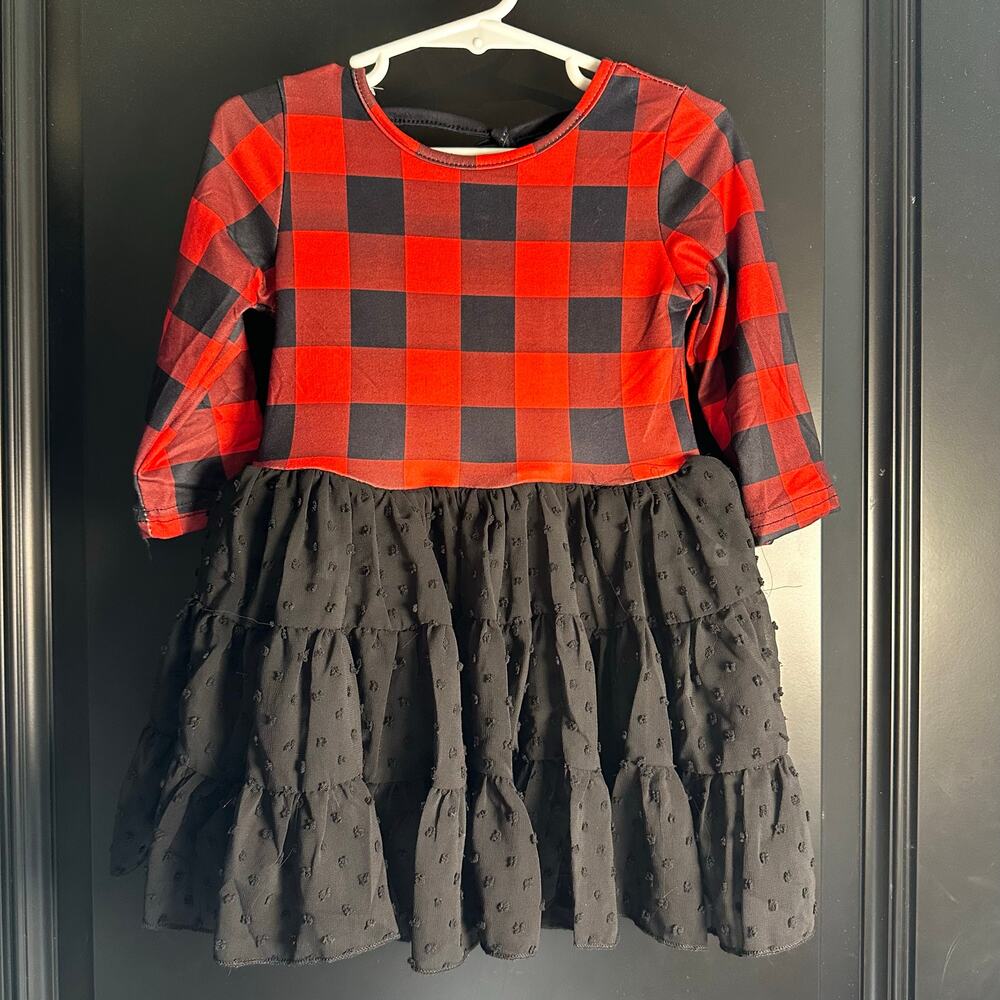 NWT-Boutique Girls 2XS/6-9M Buffalo Plaid and Textured Black Skirt Dress